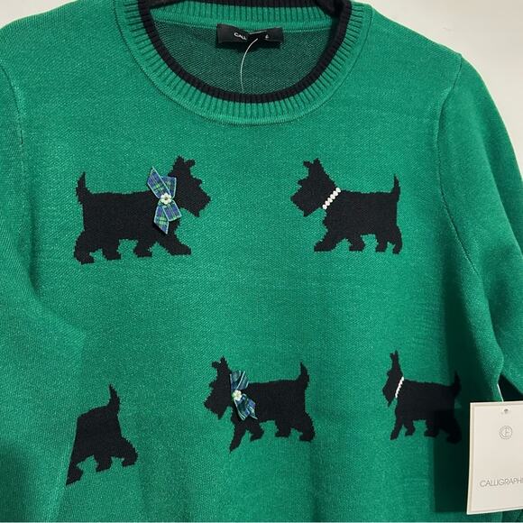 Anthropologie Calligraphie Scottie Dog Novelty Sweater Christmas Green NWT sz L - Picture 2 of 9